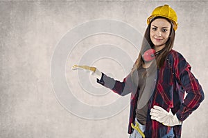 Female worker with copys pace above hand