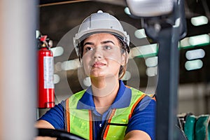 Female worker on forklift, Manual workers working in warehouse, Worker driver at warehouse forklift loader works