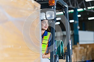 Female worker on forklift, Manual workers working in warehouse, Worker driver at warehouse forklift loader works