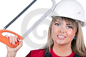 Female worker with hacksaw