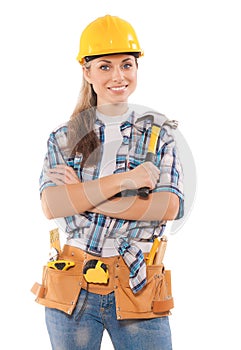 Female worker holding hammer isolated