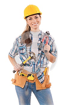 Female worker holding tools isolated on white