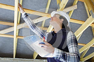 female worker inspecting wooden timbers