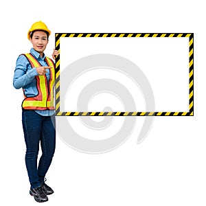 Female worker with Protection Equipment, posing side of big whit