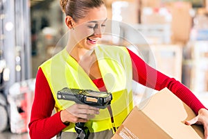 Worker scans package in warehouse of forwarding photo