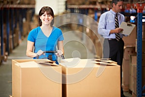 Female Worker Pulling Pallet In Warehouse