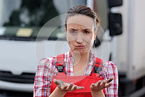 female worker showing dirty hands and making rueful facial expression