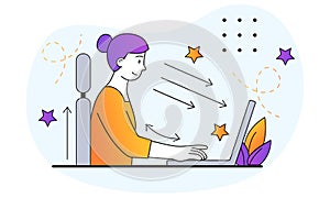 Female worker sitting at desk with right posture for healthy back looking at computer on white background