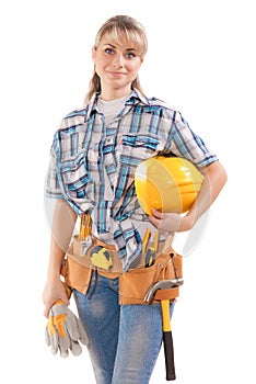 Female worker with tools isolated