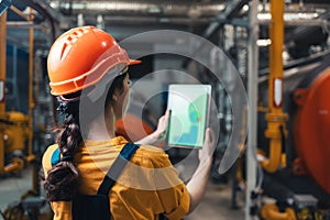 A female worker in uniform and helmet with a tablet in her hand. Rear view. In the background-boiler room. Concept of industrial