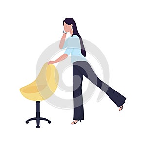 Female worker warming up with office chair semi flat color vector character