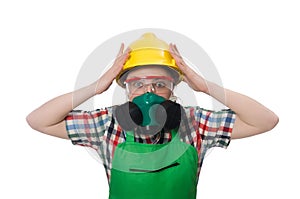 Female worker wearing coverall and gas mask