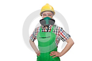 The female worker wearing coverall and gas mask