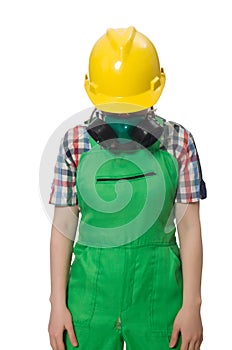 Female worker wearing coverall and gas mask