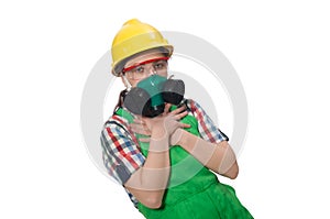 Female worker wearing coverall and gas mask