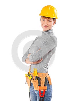 female worker wearing working clothes with tools isolated on white