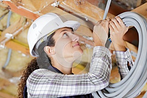female worker working with cables