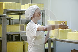 Female worker on yellow cheese production line in an industrial