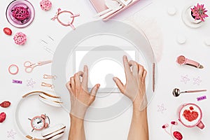 Female workspace mockup for art web design creation
