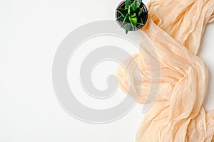 Female workspace with pink scarf and succulent plant on white background. Flat lay home office desk. Top view feminine background