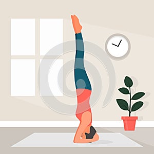 Female Yoga in Flat Style. Vector Illustration of Beautiful Cartoon Woman in Shirshasana Pose of Yoga. Home Sports