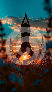 Female yoga practitioner in tree pose at sunset in a tranquil and serene open field