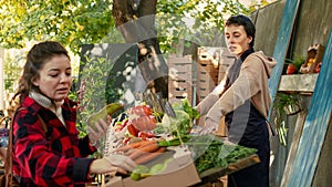 Female young seller showing eco healthy organic products