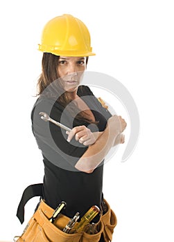 Femalecarpenter builder tool belt hard hat