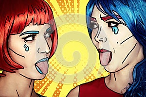 Females in red and blue wigs. Girls show each other tongues
