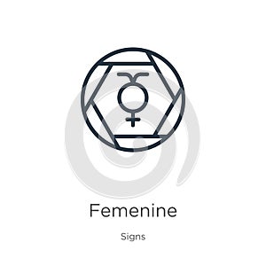 Femenine icon. Thin linear femenine outline icon isolated on white background from signs collection. Line vector sign, symbol for