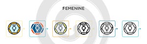 Femenine vector icon in 6 different modern styles. Black, two colored femenine icons designed in filled, outline, line and stroke