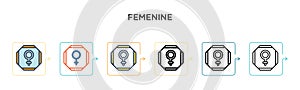 Femenine vector icon in 6 different modern styles. Black, two colored femenine icons designed in filled, outline, line and stroke