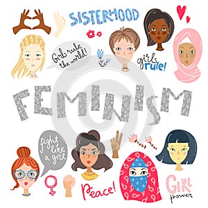 Femenism. Collection of women portraits and feminism signs and s photo