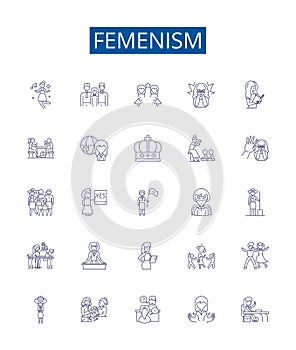 Femenism line icons signs set. Design collection of Feminism, Womanism, Equality, Liberation, Rights, Womxn, Empowerment