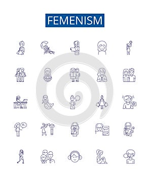 Femenism line icons signs set. Design collection of Feminism, Womanism, Equality, Liberation, Rights, Womxn, Empowerment