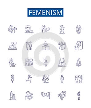 Femenism line icons signs set. Design collection of Feminism, Womanism, Equality, Liberation, Rights, Womxn, Empowerment