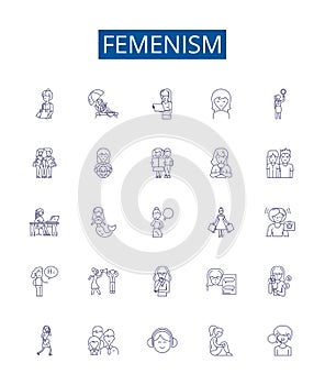 Femenism line icons signs set. Design collection of Feminism, Womanism, Equality, Liberation, Rights, Womxn, Empowerment photo