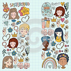 Femenism. Woman. 8 march. Pattern with asian, afro-american, caucasian girls. Sisterhood with indian woman. People photo