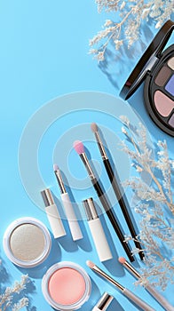 Feminine allure Cosmetics set on a chic and tranquil blue