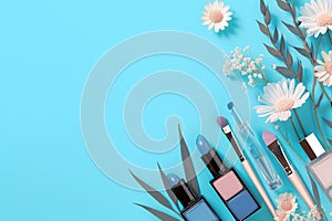 Feminine allure Cosmetics set on a chic and tranquil blue