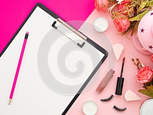 Feminine beauty blogger workplace concept