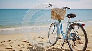 Feminine bicycle of comfort class with empty basket on the sandy beach of mediterranean sea. Blue cruiser bike on sunny day at sea