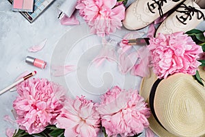 Feminine flatlay mockup with hat, pink peonies, cosmetics and white brogue shoes