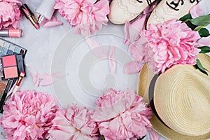 Feminine flatlay mockup with hat, pink peonies, cosmetics and white brogue shoes