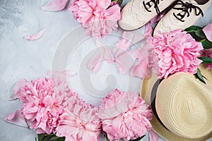 Feminine flatlay mockup with hat, pink peonies and white brogue shoes