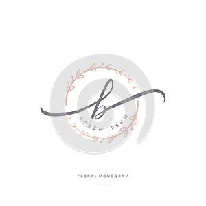 Feminine floral letter B. beautiful caligraphic monogram flourish leaf boutique logo vector template stock illustration photo