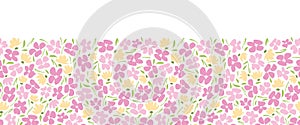 Pastel Colored graphic ditsy gestural blooms and foliage on white background vector seamless horizontal border. Florals. photo