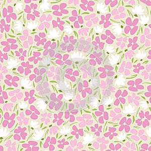 Pastel Colored graphic ditsy gestural blooms and foliage on white background vector seamless pattern. Floral texture photo