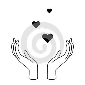 Feminine hands with hearts as symbol of love, beauty, care, magic, meditation, charity, faith, hope.