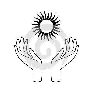 Feminine hands with stars as symbol of beauty, care, magic, meditation, charity, faith, hope.